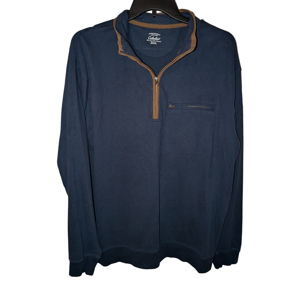 Cabelas Mens 2XL Navy Blue Quarter Zip Pullover Sweater Brown Trim Chest Pocket